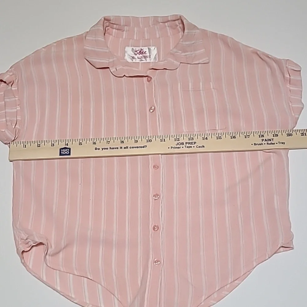 JUSTICE Girls Pink White‎ Striped Button Up Tie at Waist Blouse - Size 12